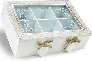 com-four® Boîte de rangement design vintage pour thé et sachets de thé, boîte à thé en bois avec 6 compartiments et fenêtre en verre, 23,1 x 7,1 x 16,8 cm (1 pièce - coeurs marron/blanc)